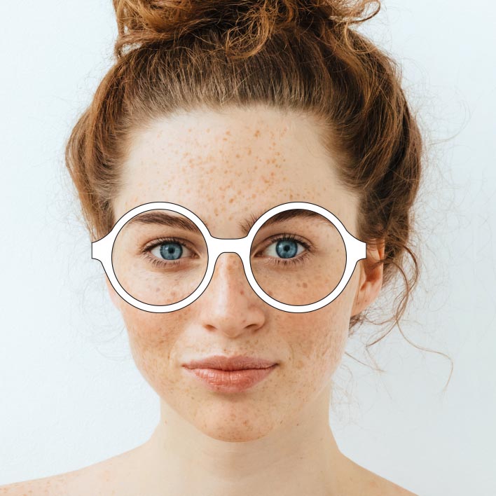 Illusztrációszerű szemüveget viselő fiatal nő, a lencséken különböző mérési pontok vannak feltüntetve; a keret formája váltakozik: először kerek, majd macskaszem alakú és végül négyzet alakú, a mérési pontok pedig a kereteknek megfelelően változnak.